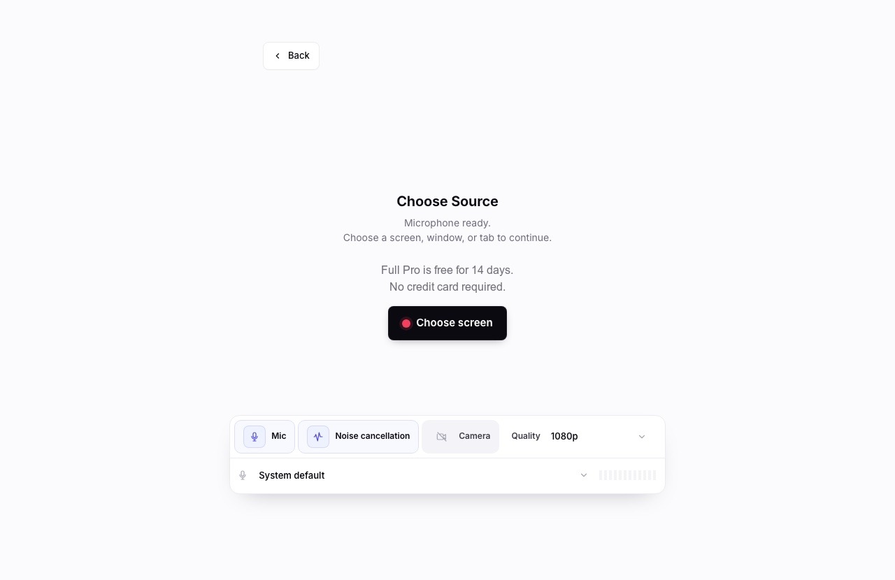 Chairkick's recording setup screen open in a browser on a Chromebook: source picker, mic and camera toggles, and quality selector