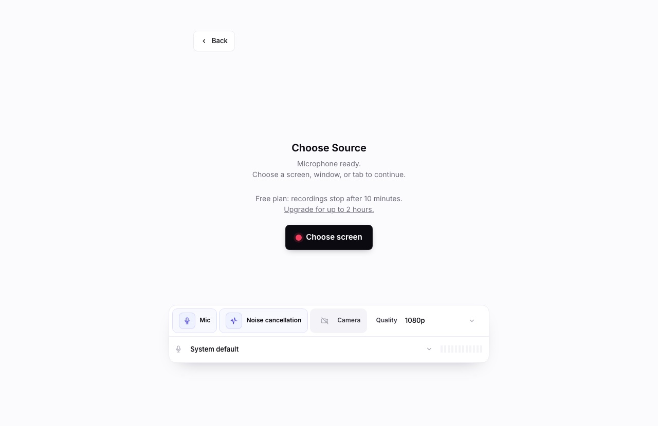 Chairkick's recording setup screen open in a browser on a Chromebook: source picker, mic and camera toggles, and quality selector