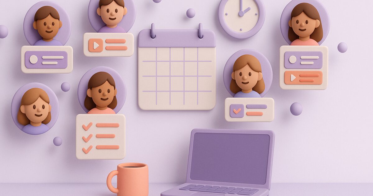 Illustration of teammates' video and checklist update cards arranged around a calendar and a clock, above a laptop and a coffee mug