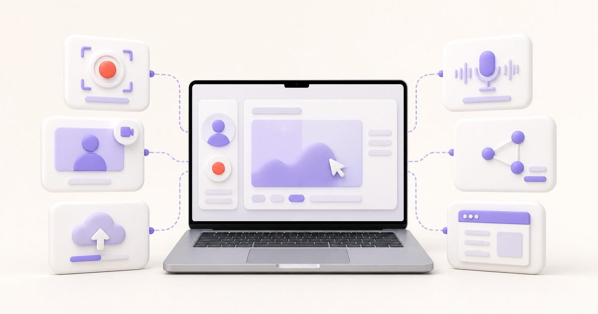 A Mac laptop surrounded by six different screen recording and sharing workflows