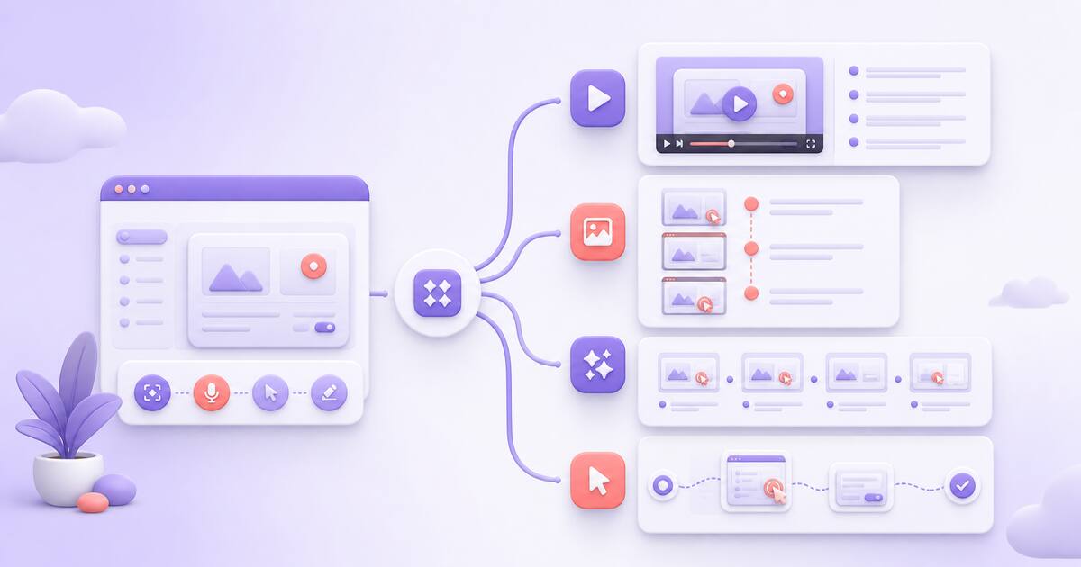 A documentation workflow branching into video guides, screenshot steps, AI video, and interactive demos