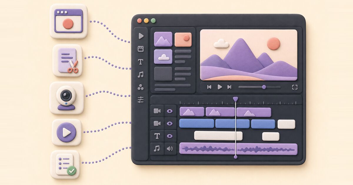 A multitrack video editor window with dotted paths leading to five smaller tools: a browser recorder, a transcript with scissors, a webcam, a player, and a quiz checklist