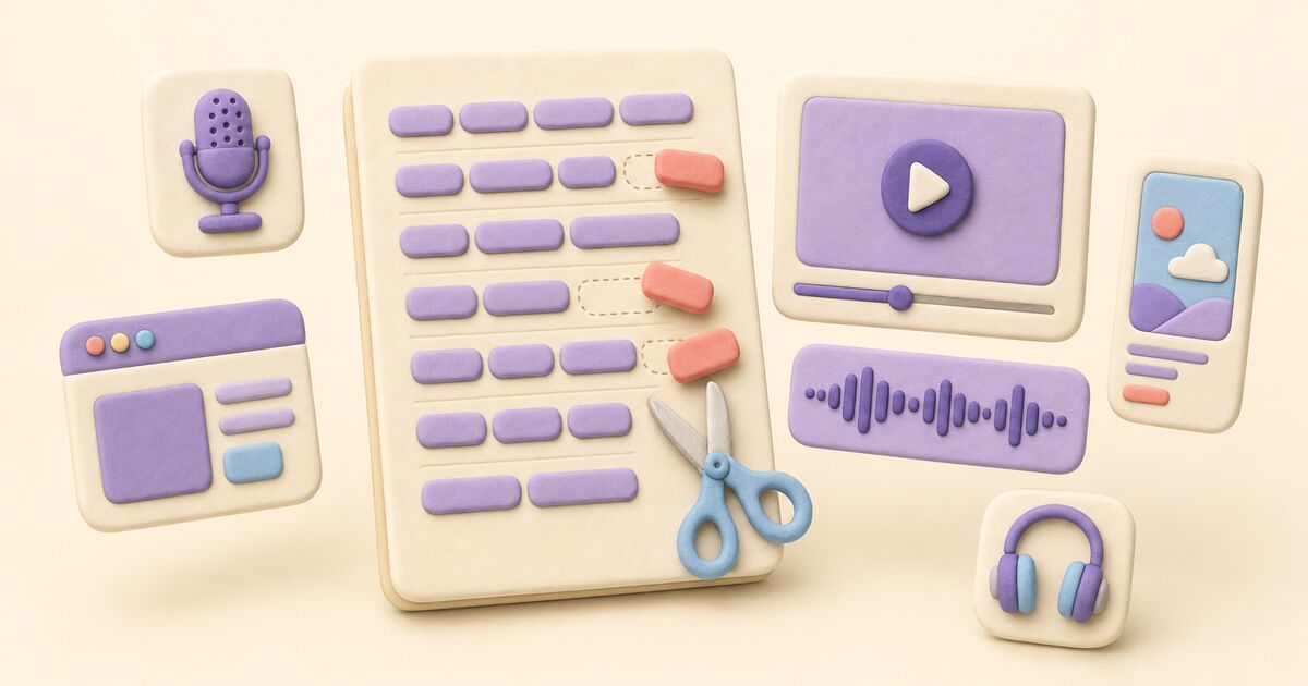 A transcript card with three words being cut out by scissors, beside a video player, an audio waveform, a microphone, headphones, and a phone-sized clip