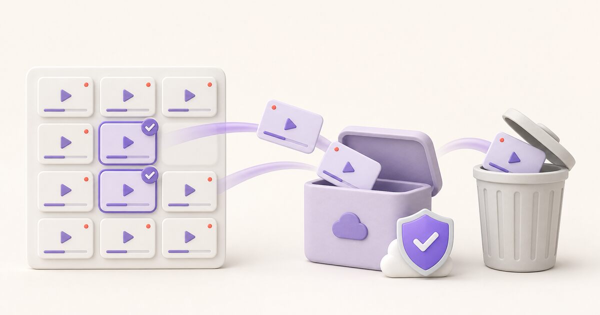 A video library with selected recordings moving toward an archive and trash bin