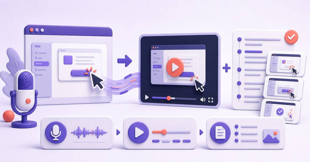 A browser recording becoming a tutorial video with written steps and screenshots