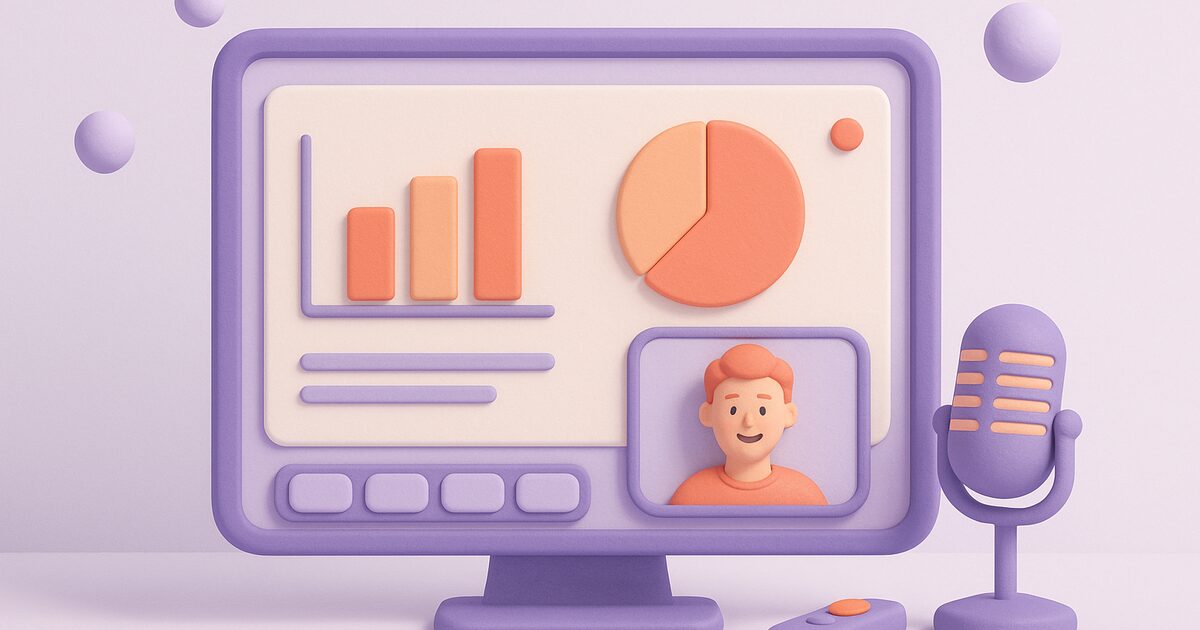 Illustration of a monitor showing a presentation slide with bar and pie charts, a presenter in a camera frame, and a microphone beside it