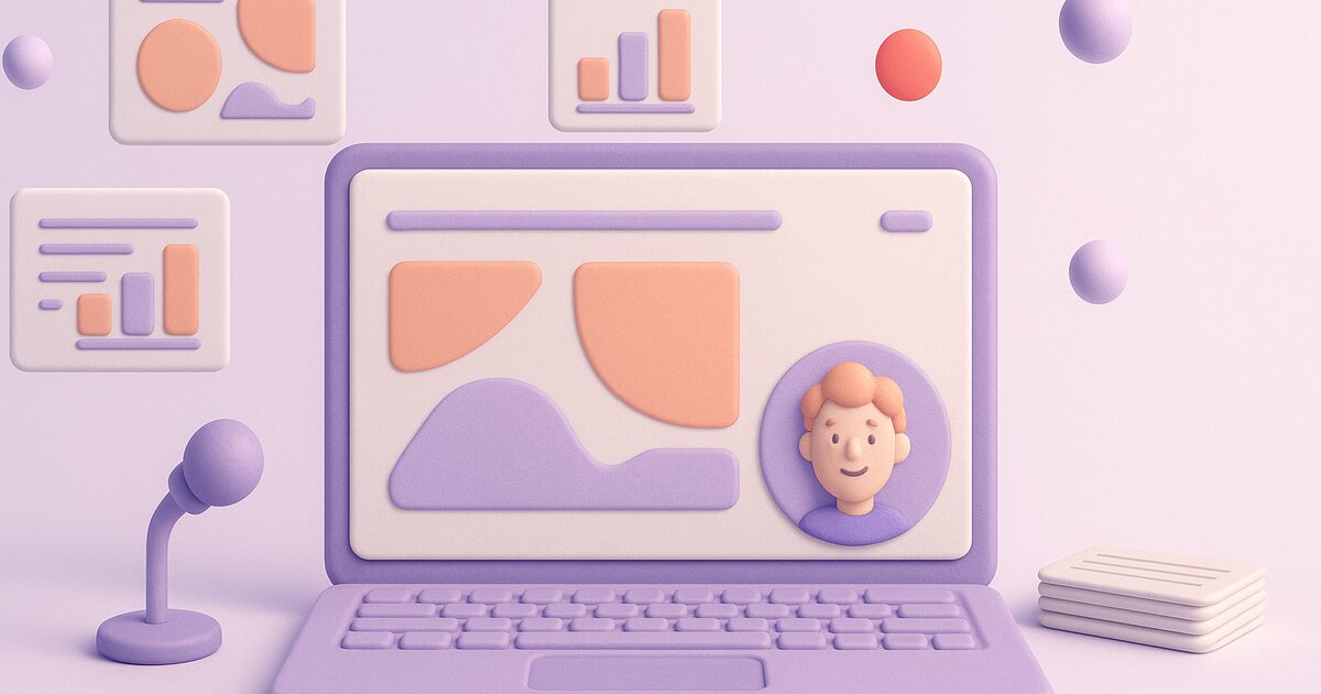 Illustration of a presentation slide on a laptop with a round camera bubble of the presenter, a microphone, and a red record button