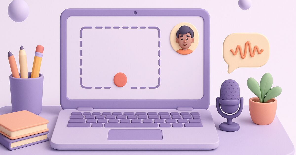 Illustration of a laptop on a desk showing a screen-recording frame with a red record button, a webcam bubble, a desk microphone, and a sound-wave bubble