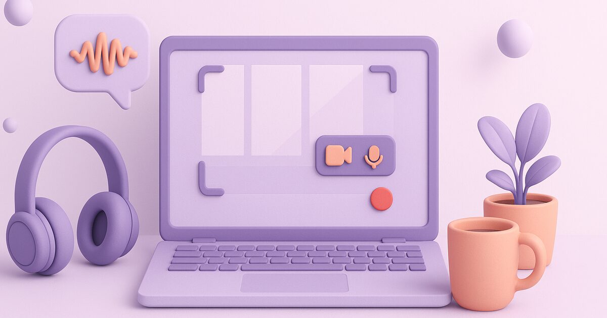 Illustration of a laptop on a desk showing a screen-recording frame with camera and microphone controls, next to headphones, a sound-wave bubble, and a coffee mug