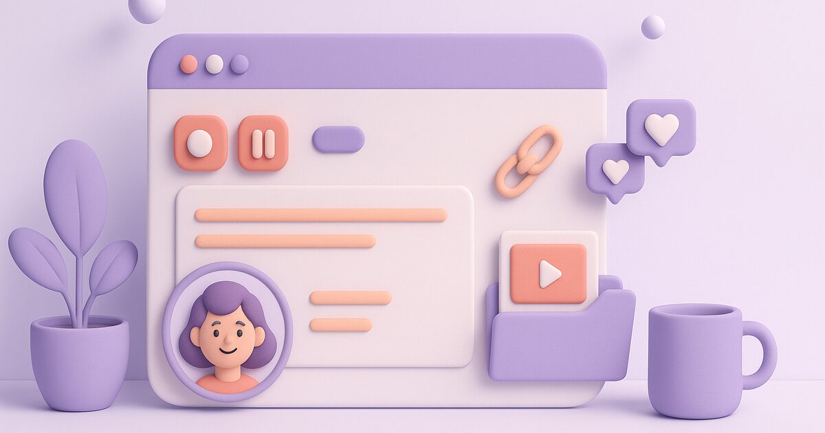 Illustration of a browser window with record and pause buttons, a round camera bubble, a share link, heart reactions, and a folder of videos