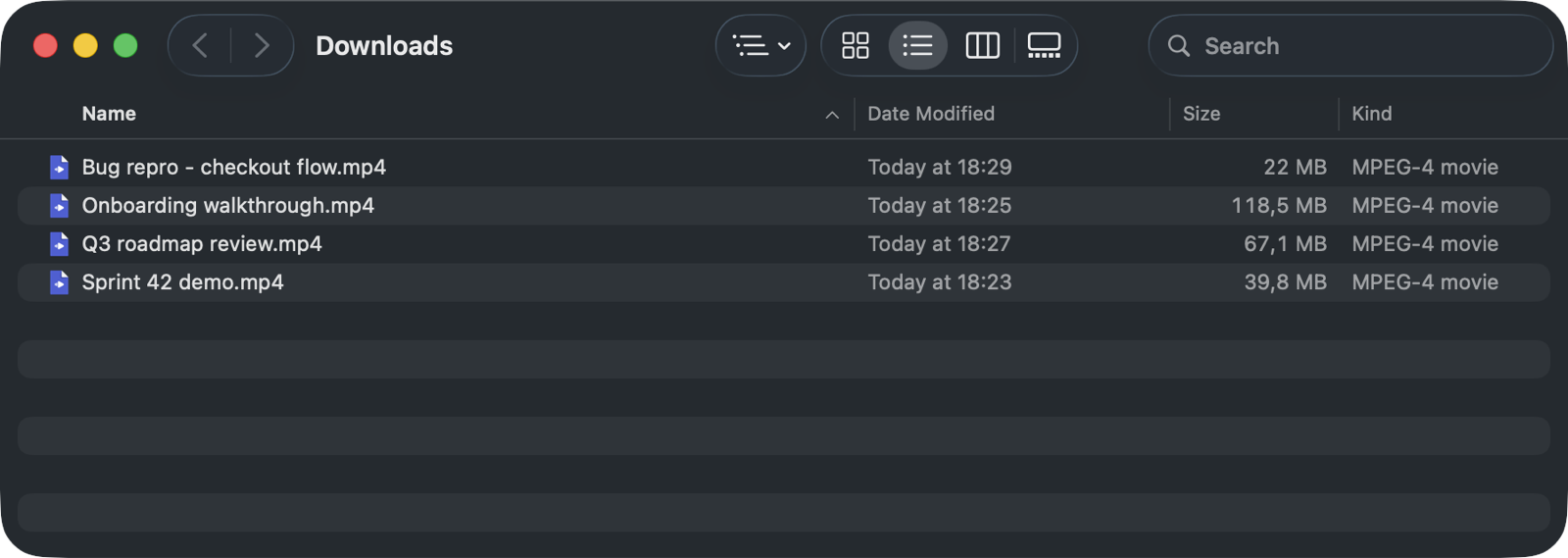 macOS Downloads folder with four Loom recordings saved as MP4 files