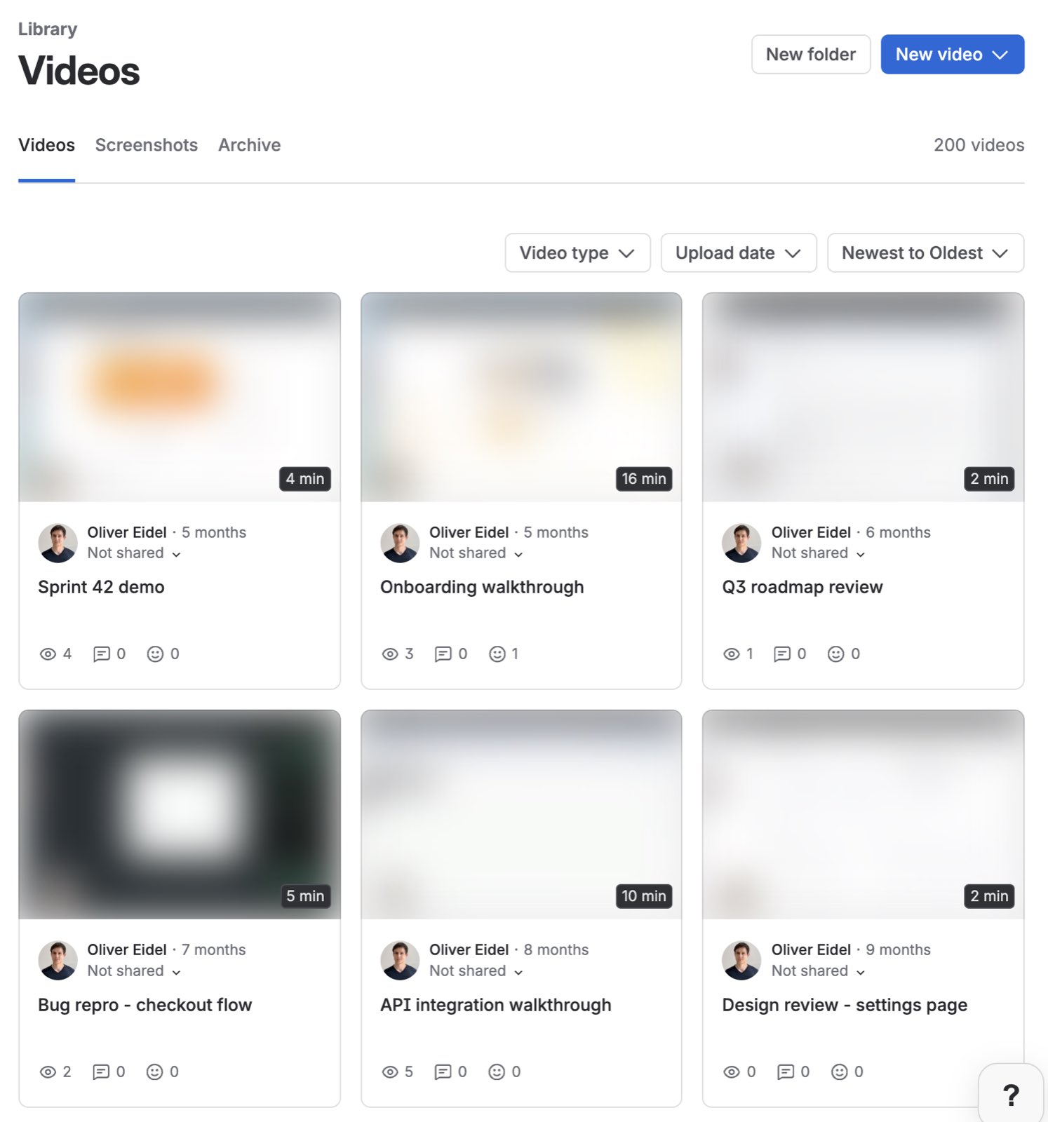 Loom library grid listing recorded videos with view counts and durations, thumbnails blurred