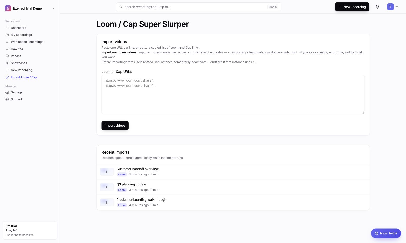 Chairkick recent imports showing videos ready to share