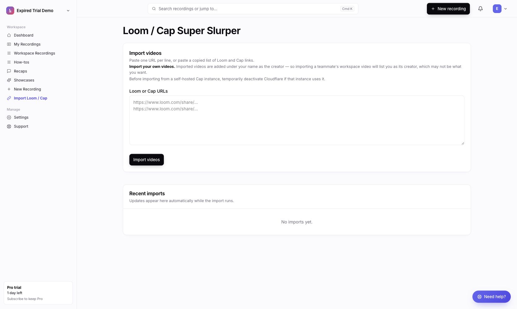 Chairkick Loom and Cap importer with a list of video URLs