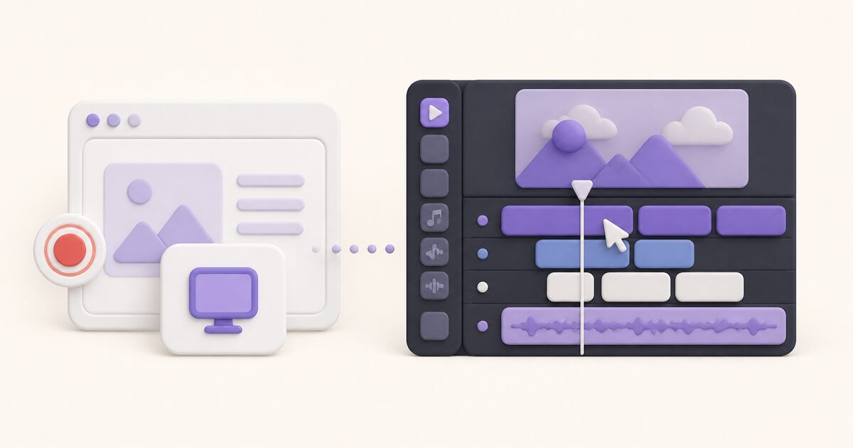 A quick shared screen recording beside a detailed multitrack video editing timeline