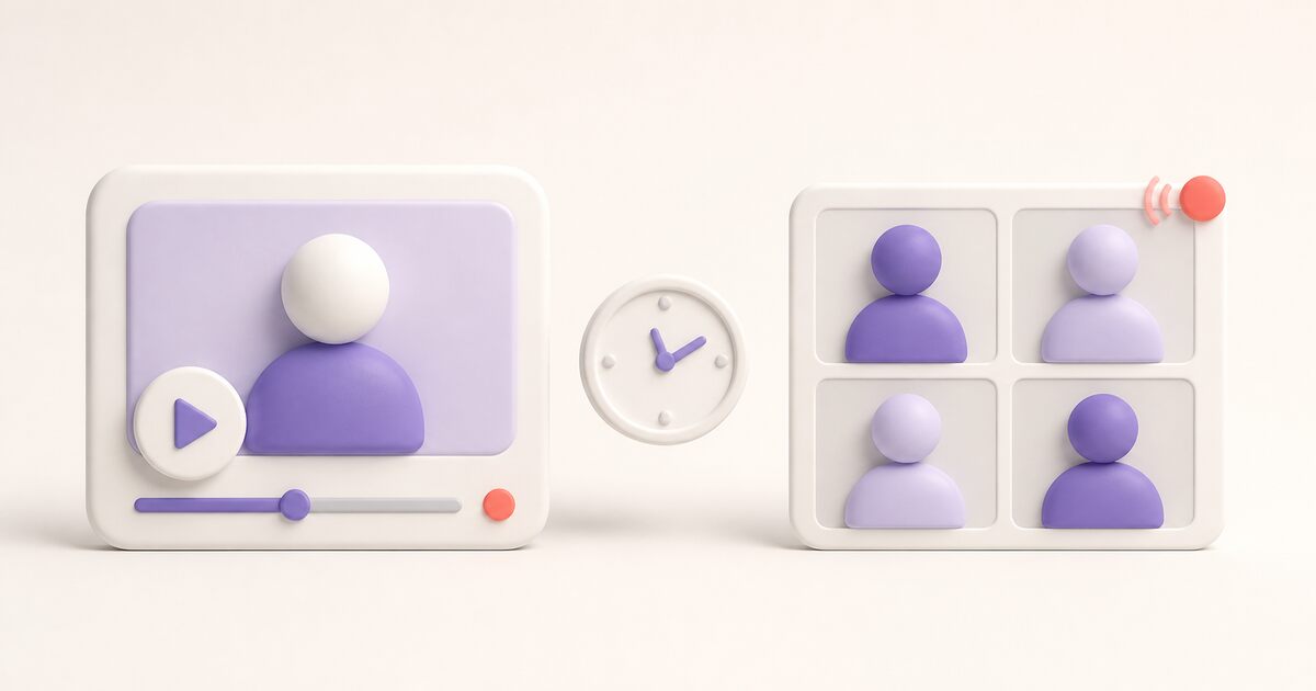 A recorded video message on one side and a live video meeting grid on the other