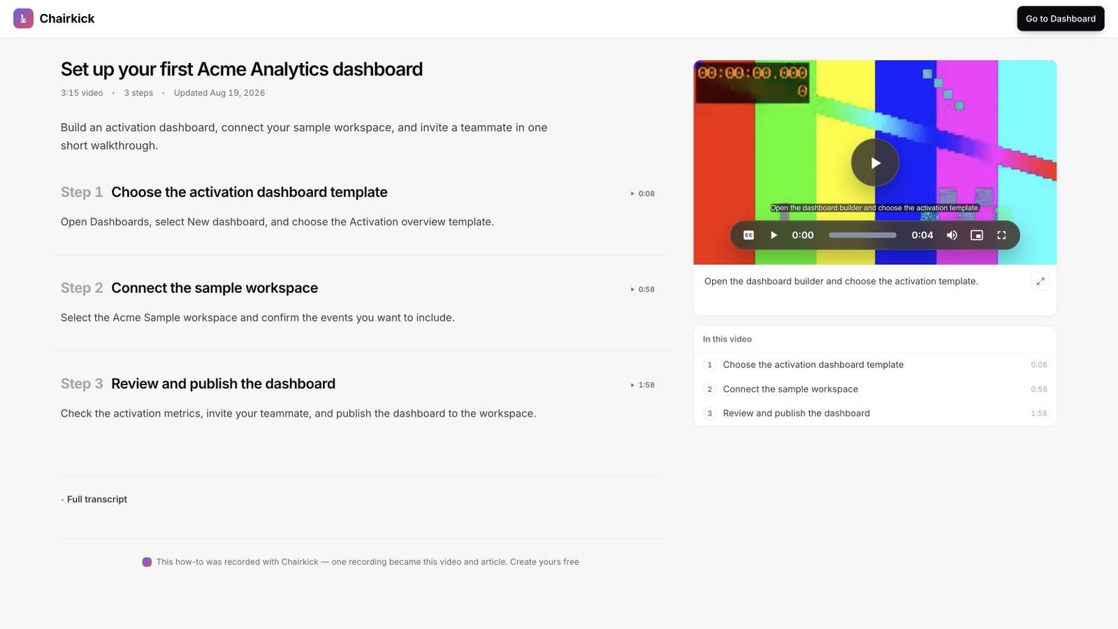 A finished tutorial page with the video, written steps, timestamps, and chapter navigation