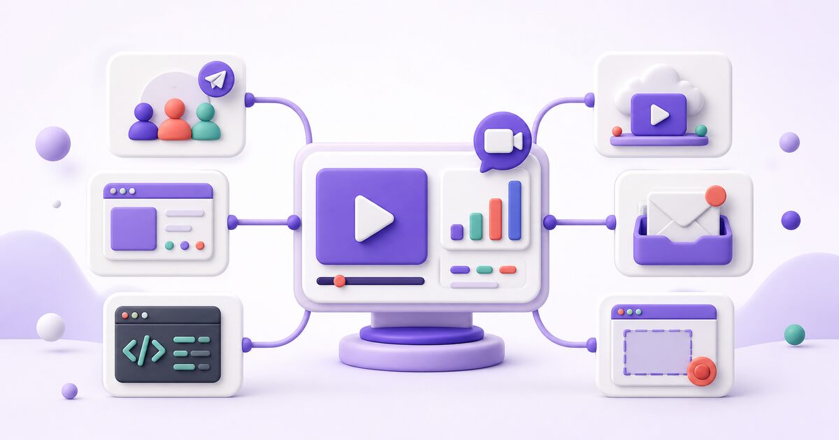 Six alternative paths branching from a sales video platform into recording, hosting, and analytics tools